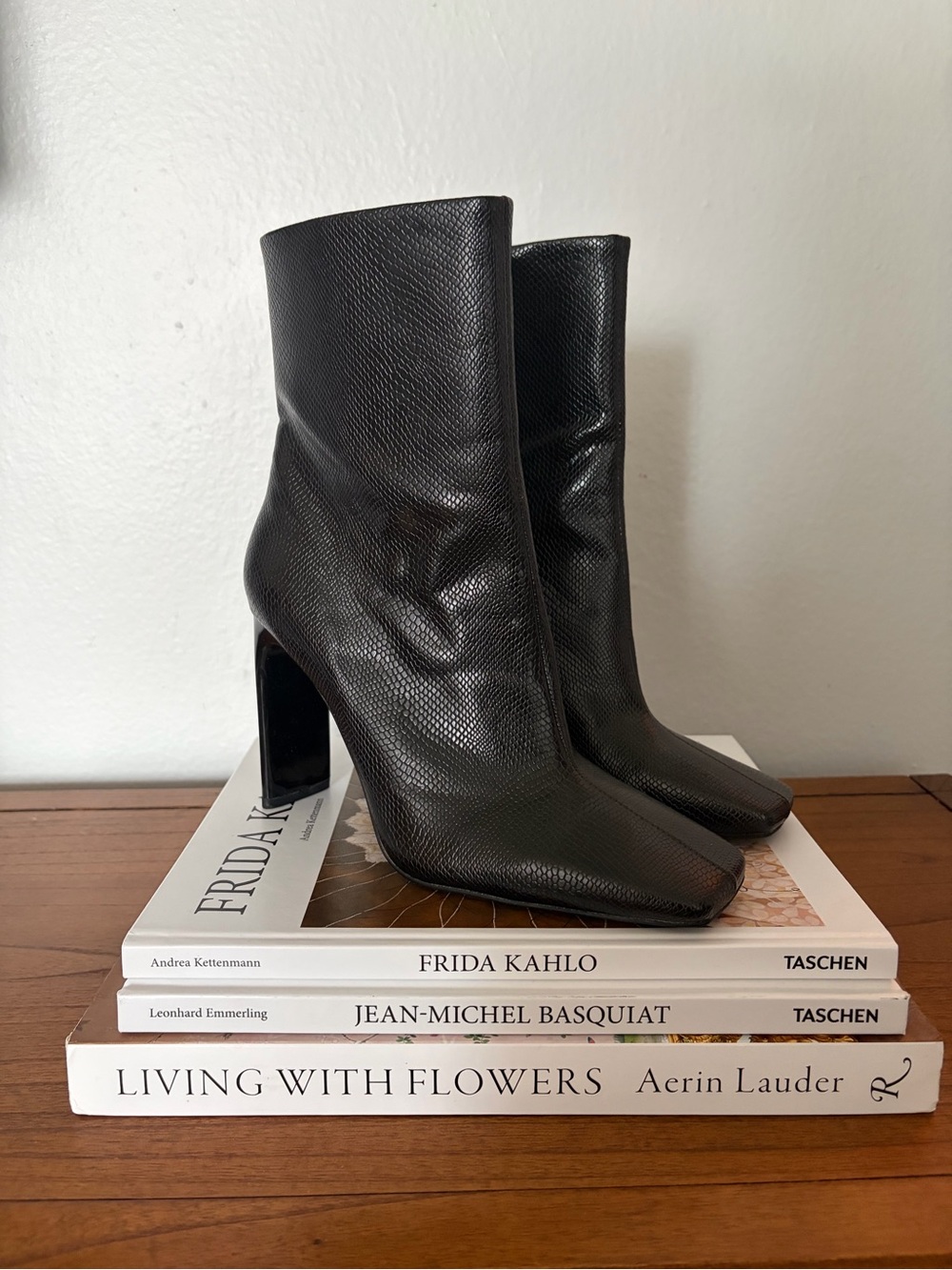 Zara Black Textured Square-Toe Mid-Calf Ankle Boots